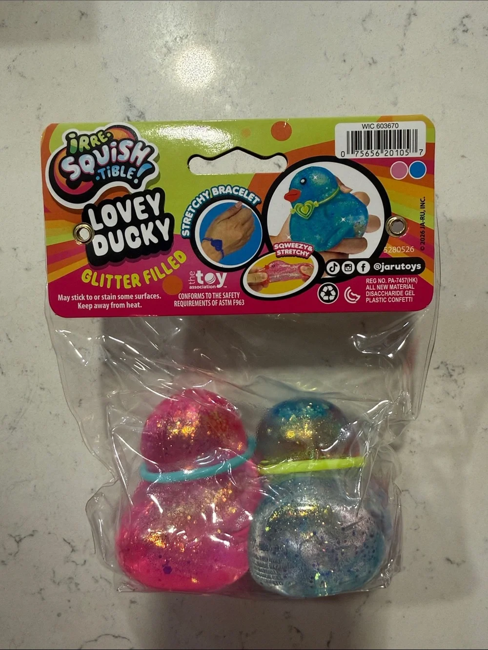 Brand New 2026 Ja-Ru Irre-Squish-Tible Lovey Ducky 2-Pack - Blue & Pink